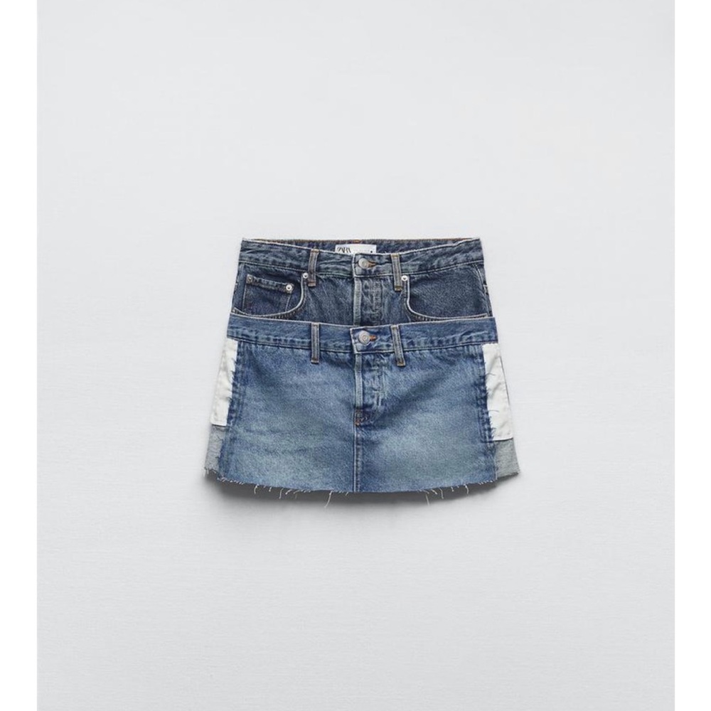 Zara Two-Tone Blue Denim Patchwork Mini Skirt